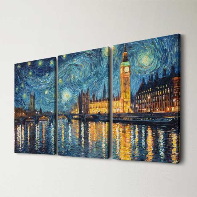 London Houses Of Parliament Starry Night Landmark 3 Panel Split Canvas Wall Art, Colorful Location Oil Painting Framed Home Decor - image 1