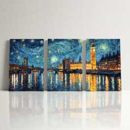 London Houses Of Parliament Starry Night Landmark 3 Panel Split Canvas Wall Art, Colorful Location Oil Painting Framed Home Decor - thumbnail 3