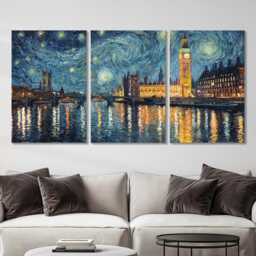 London Houses Of Parliament Starry Night Landmark 3 Panel Split Canvas Wall Art, Colorful Location Oil Painting Framed Home Decor - thumbnail 2