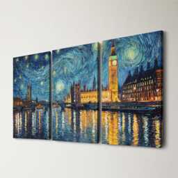 London Houses Of Parliament Starry Night Landmark 3 Panel Split Canvas Wall Art, Colorful Location Oil Painting Framed Home Decor - thumbnail 1