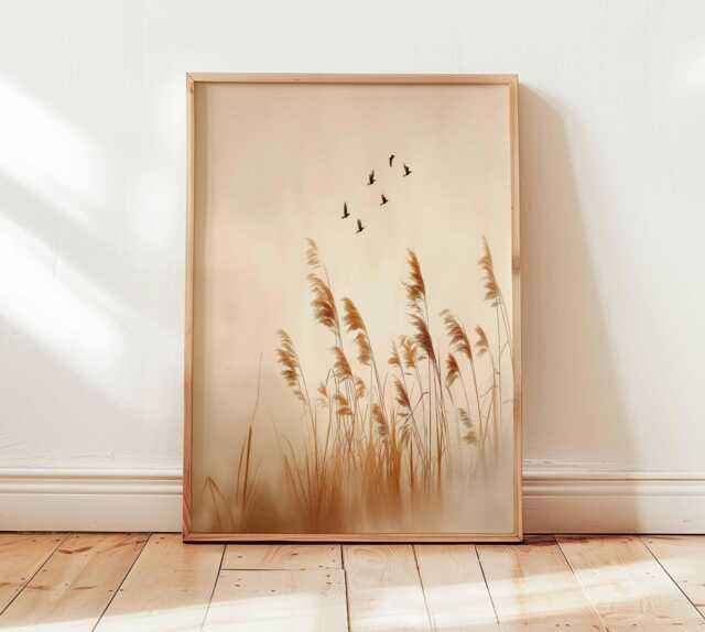 Minimalist Pampas Grass Wall Art Print, Neutral Boho Poster With Birds, Scandinavian Nature Decor - image 1