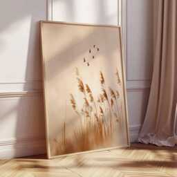 Minimalist Pampas Grass Wall Art Print, Neutral Boho Poster With Birds, Scandinavian Nature Decor - thumbnail 2