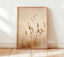 Minimalist Pampas Grass Wall Art Print, Neutral Boho Poster With Birds, Scandinavian Nature Decor - thumbnail 1
