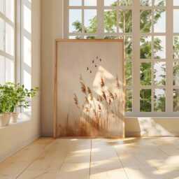 Minimalist Pampas Grass Wall Art Print, Neutral Boho Poster With Birds, Scandinavian Nature Decor - thumbnail 3