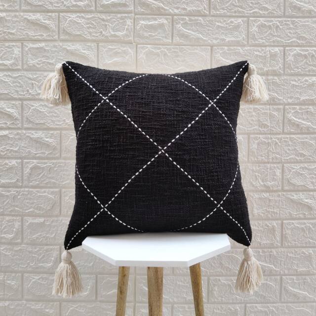 Hand Machine Kantha Raw Cotton Dyed Black Textured Fabric Cushion Cover 16x16, 18x18, 20x20 Inches Boho Decorative Throw Pillow Case - image 1