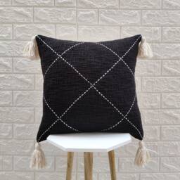 Hand Machine Kantha Raw Cotton Dyed Black Textured Fabric Cushion Cover 16x16, 18x18, 20x20 Inches Boho Decorative Throw Pillow Case - thumbnail 1
