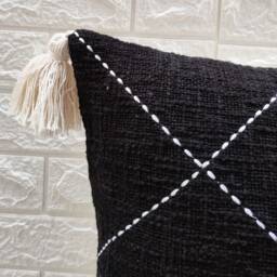 Hand Machine Kantha Raw Cotton Dyed Black Textured Fabric Cushion Cover 16x16, 18x18, 20x20 Inches Boho Decorative Throw Pillow Case - thumbnail 3