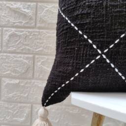 Hand Machine Kantha Raw Cotton Dyed Black Textured Fabric Cushion Cover 16x16, 18x18, 20x20 Inches Boho Decorative Throw Pillow Case - thumbnail 2