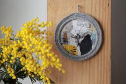 Butterfly Drawing Board in Round Crochet Frame, Curiosity Cabinet, Unique Piece, Handmade, Grey, Diameter 11cm. Made By Bee - thumbnail 1
