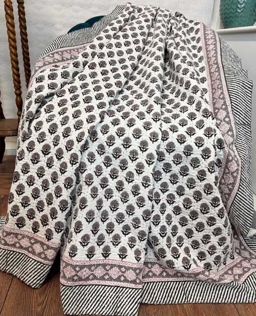 Kantha Stitch Pure Cotton Reversible Bed/Sofa Throw King Size - Handmade Handprinted Floral Dohar White Taupe Black Muted Elegant Country - image 1