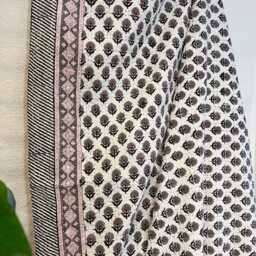 Kantha Stitch Pure Cotton Reversible Bed/Sofa Throw King Size - Handmade Handprinted Floral Dohar White Taupe Black Muted Elegant Country - thumbnail 3