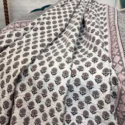 Kantha Stitch Pure Cotton Reversible Bed/Sofa Throw King Size - Handmade Handprinted Floral Dohar White Taupe Black Muted Elegant Country - thumbnail 4