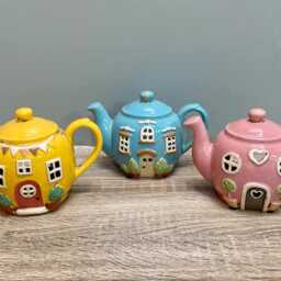 Ceramic Teapot House Tealight Candle Holder Village Quirky Cute Home D??cor/Yellow Blue Pink - thumbnail 2