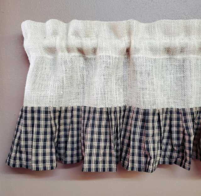 French Country Rustic Primitive Burlap Ruffled Valance Beige & Black Plaid Homespun - image 1