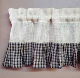 French Country Rustic Primitive Burlap Ruffled Valance Beige & Black Plaid Homespun - thumbnail 1