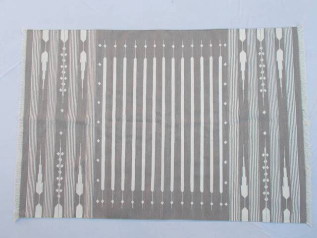4x6 Light Grey Cotton Stripes Rug Dhurrie - & White - image 1