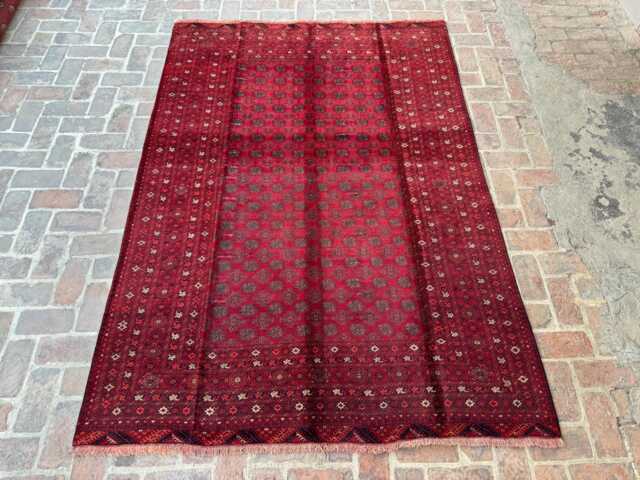 6x9 Afghan Bukhara Rug - Hand-Knotted Wool Carpet Deep Red Turkmen Geometric Design For Living Room Or Office Decor Gift - image 1