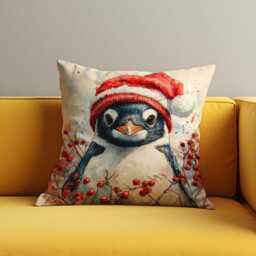 Christmas Cushion Cover With Cute Penguin in Santa Hat, Holiday Winter Throw Pillow Case, Festive Home Decor - thumbnail 4
