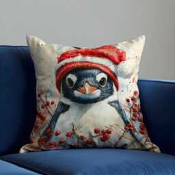 Christmas Cushion Cover With Cute Penguin in Santa Hat, Holiday Winter Throw Pillow Case, Festive Home Decor - thumbnail 3