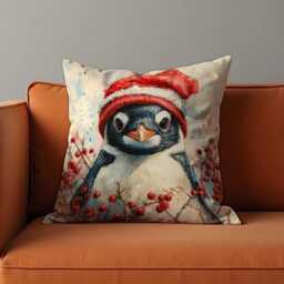 Christmas Cushion Cover With Cute Penguin in Santa Hat, Holiday Winter Throw Pillow Case, Festive Home Decor - thumbnail 2