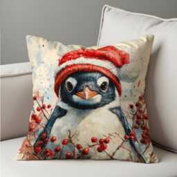 Christmas Cushion Cover With Cute Penguin in Santa Hat, Holiday Winter Throw Pillow Case, Festive Home Decor