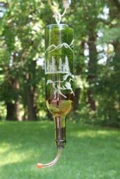 New Etched Horse & Mountians Recycled Wine Bottle Hummingbird Or Bird Feeder - thumbnail 1