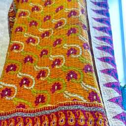 Vintage Handmade Kantha Stitch Sofa Throw - Beach Camper Van Quirky Colours Musted Red Floral Purple - thumbnail 4