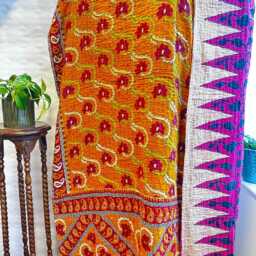 Vintage Handmade Kantha Stitch Sofa Throw - Beach Camper Van Quirky Colours Musted Red Floral Purple - thumbnail 3