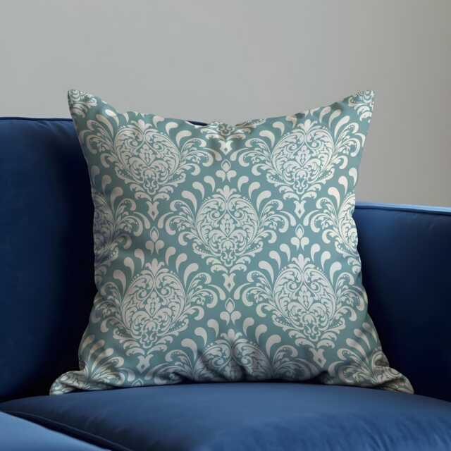 Teal Damask Cushion Cover, Duck Egg Blue Pillow Case, Classic Sofa Decorative Cover - image 1