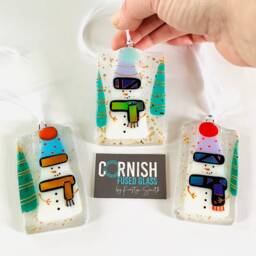 Fused Glass Snowman Christmas Decoration, Snowman Cornish - thumbnail 1