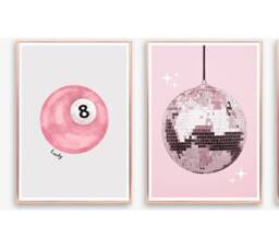Set Of 2 Pink Lucky Pool Ball & Disco Prints, Trendy Retro Vintage Glitter Ball Wall Art Posters Unframed - thumbnail 1