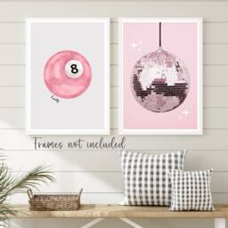 Set Of 2 Pink Lucky Pool Ball & Disco Prints, Trendy Retro Vintage Glitter Ball Wall Art Posters Unframed - thumbnail 3