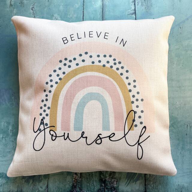 Believe in Yourself... Pastel Rainbow Design Home Quote Linen Style Cushion Decor Cover