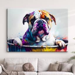 Bulldog in Bathtub Abstract Dog Pet Animal Painting Splatter Wall Art, Framed Canvas Poster Print, Home Kitchen Office Room Decor, Gifts - thumbnail 1