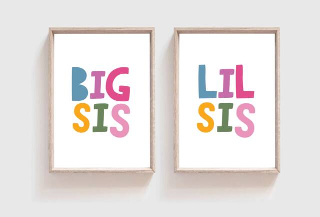 Set Of 2 Sister Prints, Big Sis Lil Sis, Sisters Bedroom Wall Art, Girls Pastel Decor - image 1