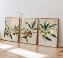 Olive Tree Wall Art Set Of 3, Botanical Branch Poster Prints, Mediterranean Plant Decor, Neutral Nature Artwork, Modern Leaf Prints - thumbnail 1