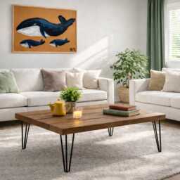Industrial Solid Wooden Coffee Table On Steel Hairpin Legs - thumbnail 3