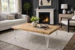 Industrial Solid Wooden Coffee Table On Steel Hairpin Legs
