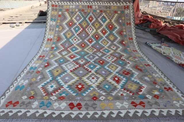 7x10 Natural Gray Kilim Rug - Afghan Hand Woven Dyes Wool Flat Weave Boho Oriental Area Geometric Living Room - image 1
