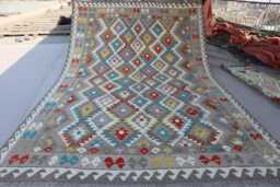7x10 Natural Gray Kilim Rug - Afghan Hand Woven Dyes Wool Flat Weave Boho Oriental Area Geometric Living Room - thumbnail 1