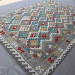 7x10 Natural Gray Kilim Rug - Afghan Hand Woven Dyes Wool Flat Weave Boho Oriental Area Geometric Living Room - thumbnail 2