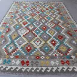7x10 Natural Gray Kilim Rug - Afghan Hand Woven Dyes Wool Flat Weave Boho Oriental Area Geometric Living Room - thumbnail 3