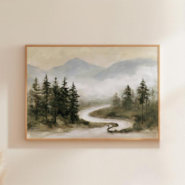 Misty River Poster, Pine Valley Print, Nature Wall Art, Paper - image 1