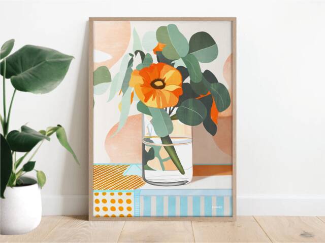 Orange Oasis Portrait, Flower Art, Floral Print, Abstract Living Room Decor, Australian Colour Block Bedroom Poster - image 1