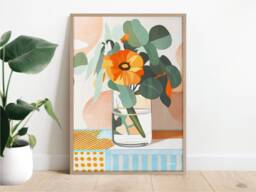 Orange Oasis Portrait, Flower Art, Floral Print, Abstract Living Room Decor, Australian Colour Block Bedroom Poster - thumbnail 1