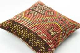 Vintage Kilim Pillow Cover Hand-Spun Wool, Turkish Cotton - 16x16 Inch