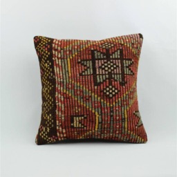 Vintage Kilim Pillow Cover Hand-Spun Wool, Turkish Cotton - 16x16 Inch - thumbnail 2