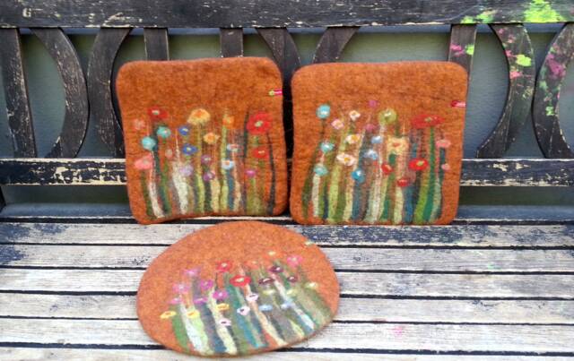 Handfelted Seat Cushion With Flowers & Grass, Copper - image 1