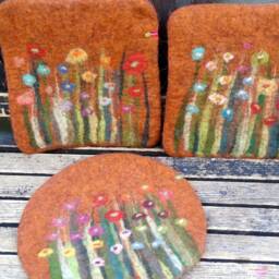 Handfelted Seat Cushion With Flowers & Grass, Copper - thumbnail 2
