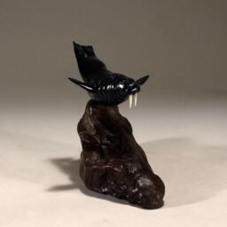 Walrus Sculpture By John Perry 6 Inch Long Ebonite Figurine On Burlwood Base - thumbnail 3